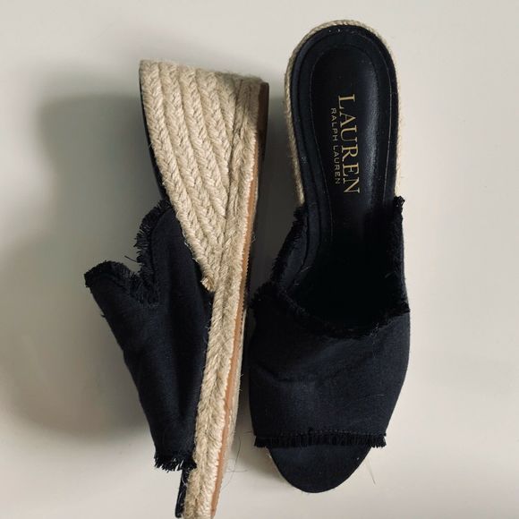 Ralph Lauren Carlynda Black Linen Slip On Wedges - Picture 4 of 7